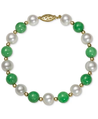 Dyed Green Jade & Freshwater Pearl (7-1/2 - 8-1/2mm) Beaded Bracelet in 10k Gold