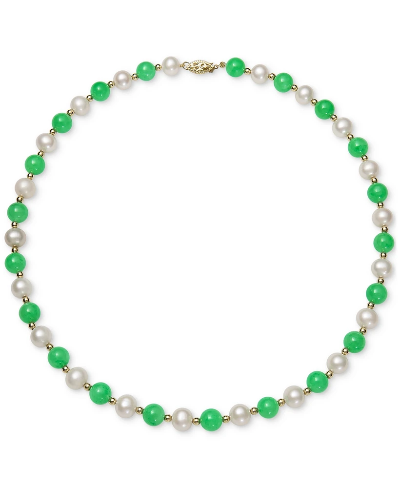 Dyed Green Jade & Freshwater Pearl (7-1/2mm) 18" Collar Necklace in 14k Gold