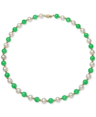 Dyed Green Jade & Freshwater Pearl (7-1/2mm) 18" Collar Necklace in 14k Gold