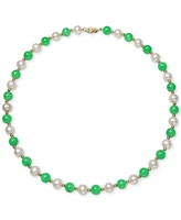 Dyed Green Jade & Freshwater Pearl (7-1/2mm) 18" Collar Necklace in 14k Gold