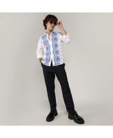 Men's Chalk White & Prussian Blue Embroidered Flora Shirt