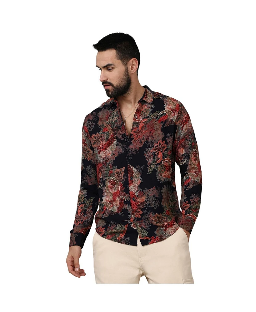 Campus Sutra Men's Crimson Red & Midnight Black Paisley Flora Shirt