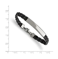 Chisel Stainless Steel Polished Braided Black Leather Id Bracelet