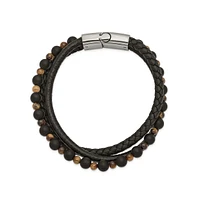 Chisel Stainless Steel Tiger Eye Black Agate Beaded Leather Bracelet