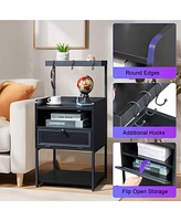 Slickblue Fch Wood Steel 1 Drawer Shelf Led Light Strips Nightstand With Socket Charging Station & Usb Ports Bed Table