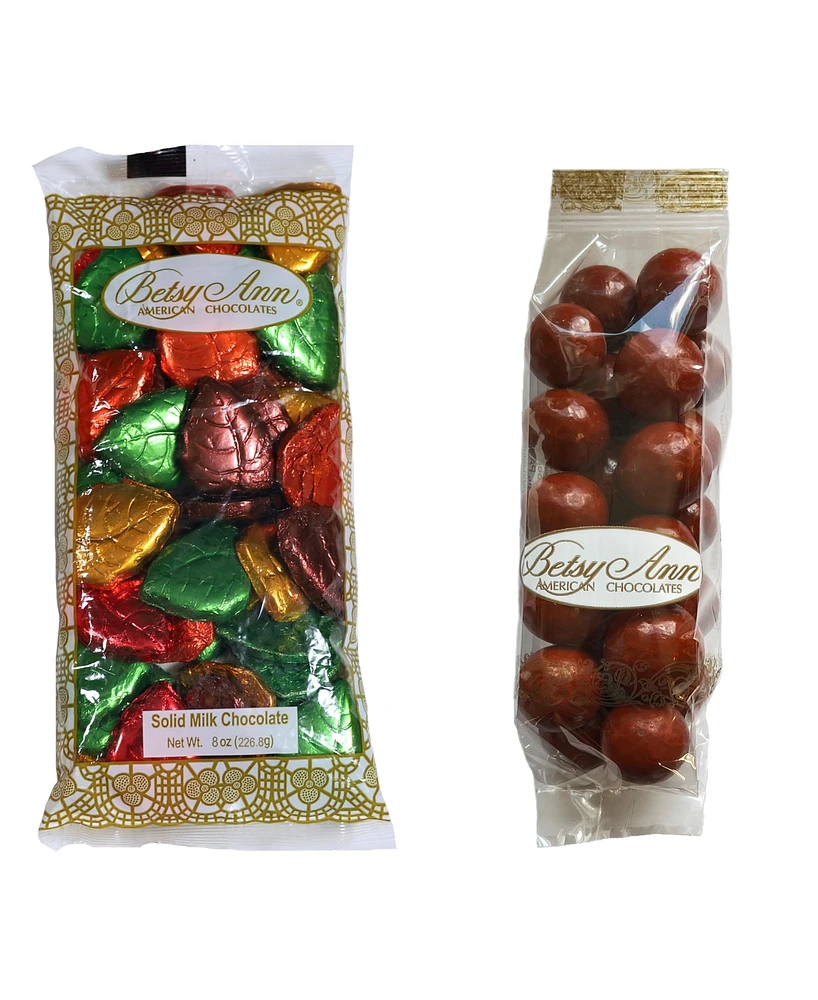 Betsy Ann Chocolates Harvest Milk Chocolate Foil Leaves Pumpkin Spice Malted Milk Balls, 2 Piece Set