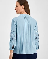 Style & Co Petite Embroidered Button-Front Long-Sleeve Top, Created for Macy's