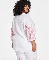 Charter Club Plus Embroidered Blouson-Sleeve Linen Shirt, Exclusively at Macy's