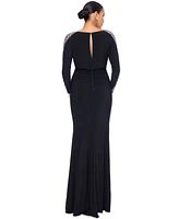 Betsy & Adam Women's Beaded-Sleeve Ruched Gown