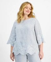 Charter Club Plus Linen 3/4-Sleeve Striped Top, Exclusively at Macy's