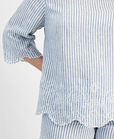 Charter Club Plus Linen 3/4-Sleeve Striped Top, Exclusively at Macy's