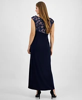 Connected Women's Soutache Lace Cap-Sleeve Faux-Wrap Gown