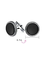 Bling Jewelry Classic Formal Geometric Blackened Pattern Edge Round Circle Natural Black Onyx Shirt Cufflinks Bullet Hinge .925 Sterling Silver