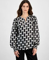 T Tahari Women's Printed Long-Sleeve Satin Split-Neck Top