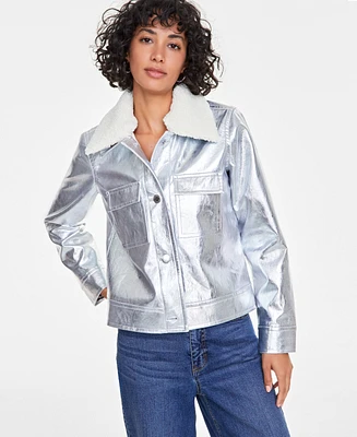 On 34th Women's Solid Metallic Faux-Leather Jacket with Removable Faux-Sherpa Collar, Exclusively at Macy's