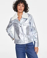 On 34th Women's Solid Metallic Faux-Leather Jacket with Removable Faux-Sherpa Collar, Exclusively at Macy's