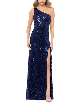 Blondie Nites Juniors' Sequined Lace One-Shoulder Gown