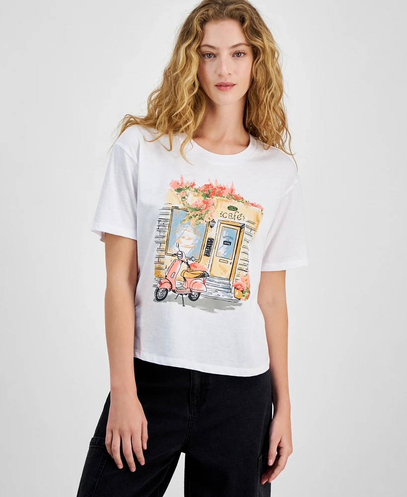 Rebellious One Juniors' Cafe Scooter Graphic T-Shirt