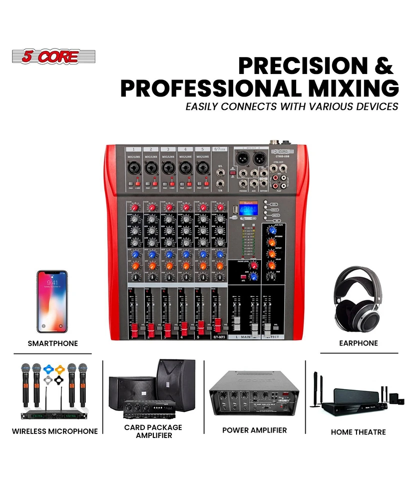 5 Core Audio Dj Mixer 6 Channel Professional Stereo Sound Board w Bluetooth • Usb 48V Phantom Power - Mx 6CHBRAND