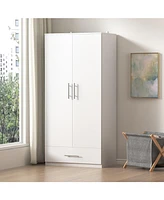 Famapy White 2-Door Wardrobe Armoire with 1-Drawers and Hanging Rod