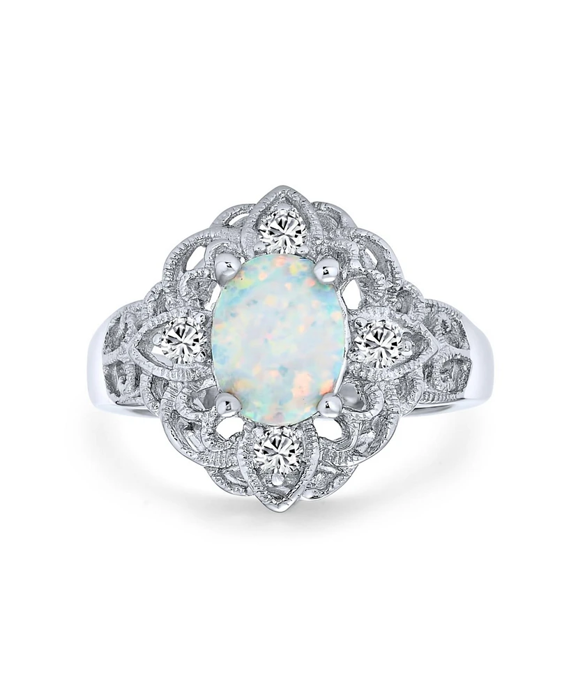 Bling Jewelry Oval Flower White Created Opal Full Finger Ring .925 Sterling Silver