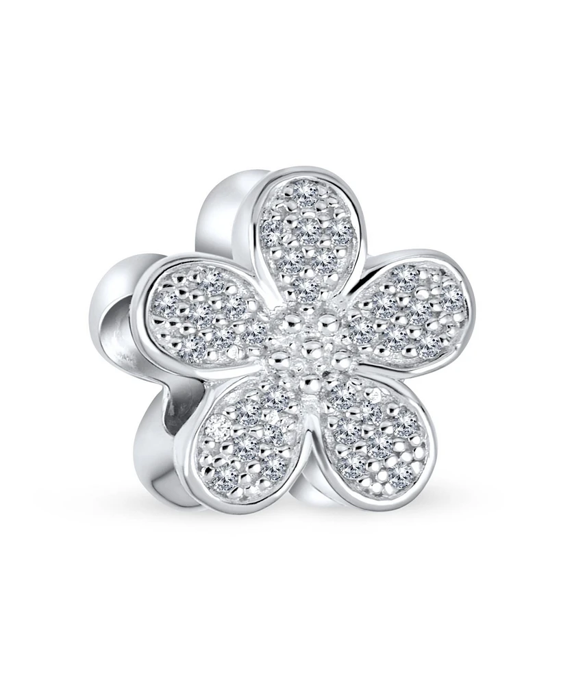 Bling Jewelry Sparkling Clear Cz Pave Of Flower Shape Daisy Charm Bead For Women .925 Sterling Silver For European Bracelet