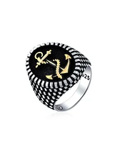 Bling Jewelry Large Rope Anchor Signet Ring Checker Board Black .925 Silver