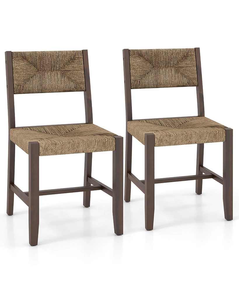 Gymax Wooden Dining Chair Set of w/ Natural Weave Seagrass Rattan Backrest & Seat