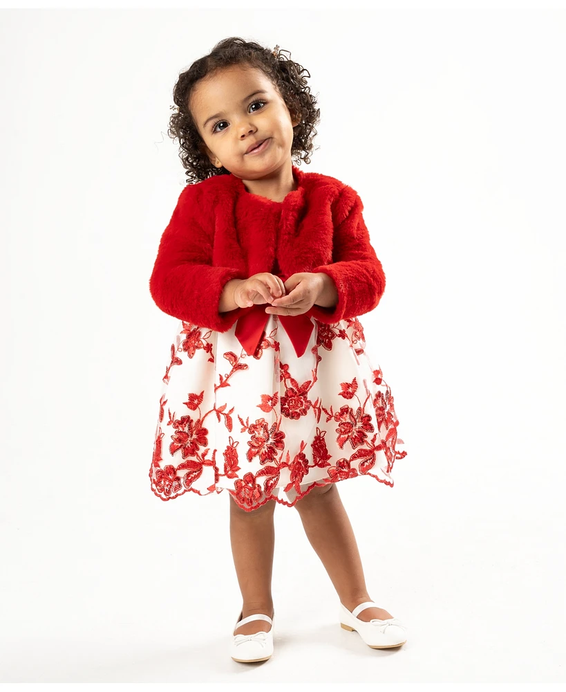 Rare Editions Baby Girl Embroidered Faux Fur Social Dress, 2-Piece Set