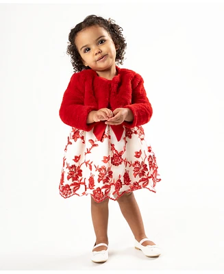 Rare Editions Baby Girl Embroidered Faux Fur Social Dress, 2-Piece Set