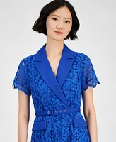 Tahari Petite Notch-Lapel Belted A-Line Lace Dress