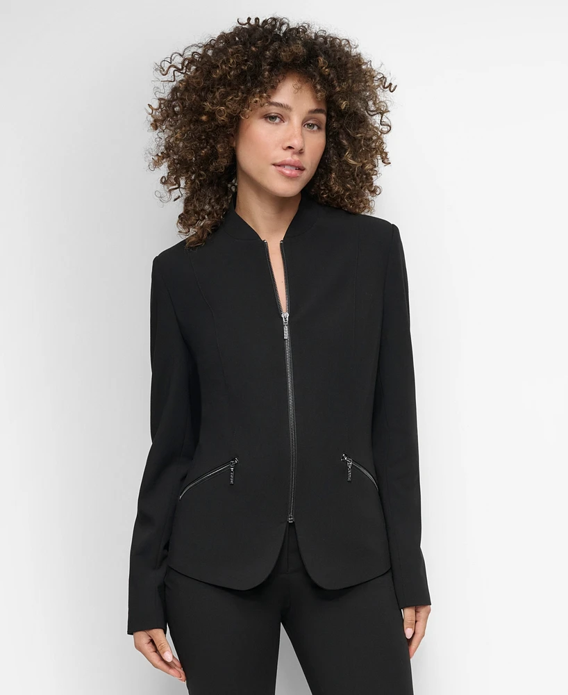 Dkny Petite Collarless Zip-Pocket Long-Sleeve Jacket