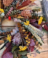 GreenishBlu Real Preserved Wreath Salal Brown, Red, Wheat, Sorghum, Dried Pink Ice Protea Flower, Baby Blue Eucalyptus and Yellow Yarrow, 22"