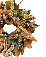 GreenishBlu Real Wreath Fresh Magnolia, Preserved Baby Blue Eucalyptus, Dried Sorgum, Real Cinnamon and Dehydrated Orange Slices, 22"