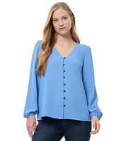 Jones New York Women's V Neck Button Front Top with Long Sleeves Jasper Crepe