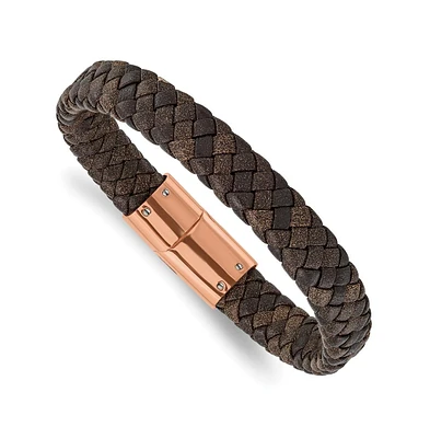 Chisel Stainless Steel Rose Ip-plated Brown Braided Leather Bracelet