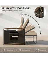 Patio Rattan Daybed Set with Cushioned Loveseat & Storage Ottoman for Porch