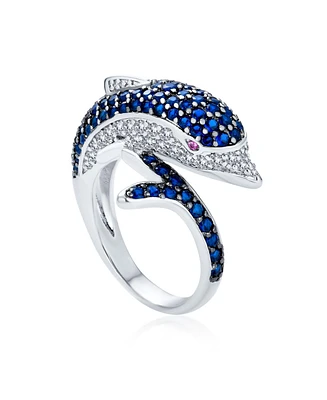 Bling Jewelry Pave Navy Blue Cubic Zirconia Bypass Dolphin Band Ring Black Silver Plated Brass