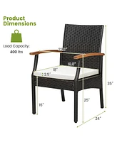 Costway 2PCS Patio Pe Wicker Chairs Acacia Wood Armrests with Soft Zippered Cushion Balcony