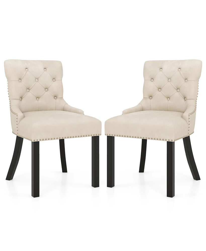 Gymax Upholstered Dining Chairs Set of 2 w/ Rubber Wood Legs Padded Seat Nailhead Trim Beige