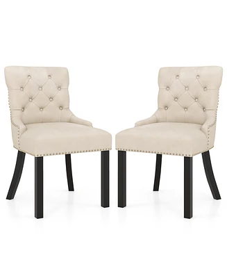 Gymax Upholstered Dining Chairs Set of 2 w/ Rubber Wood Legs Padded Seat Nailhead Trim Beige