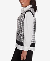 Alfred Dunner Petite Runway Ready Collared Houndstooth Vest Two One Sweater