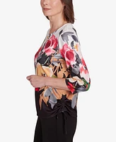 Alfred Dunner Petite Runway Ready Floral Crew Neck with Drawstring Hem Top