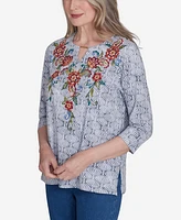 Alfred Dunner Petite Harvest Moon Textured Floral Embroidered Split Neck Top