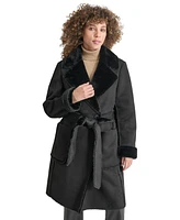 Dkny Women's Belted Notched-Collar Faux-Shearling Coat, Created for Macy's