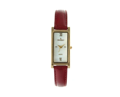 Peugeot Women's Rectangular Gold-Tone Case Watch Glossy Red Leather Strap