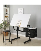 Slickblue White adjustable drafting drawing table with stool and 3 drawers