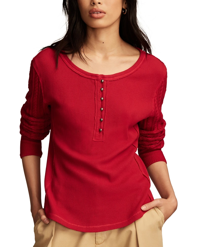 Lucky Brand Women's Cotton Textured Mixed-Sleeve Henley Top