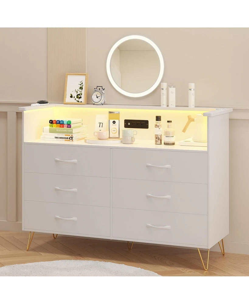 Pink Dresser with Led Light for Bedroom 6 Drawer