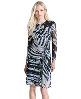 Dkny Women's Printed Side-Ruched Sheer-Sleeve Mesh Dress